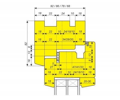 Комбинируемый комплект фрез для изготовления оконного блока WE13 сечением 92/86/78/68 х 82 мм (фурнитура 12/18-9, водоотливная шина Donau 22F)